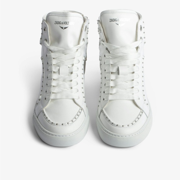 ZADIG & VOLTAIRE HIGH FLASH STUDDED TRIM TOP WHITE LEATHER SNEAKERS - Picture 1 of 15